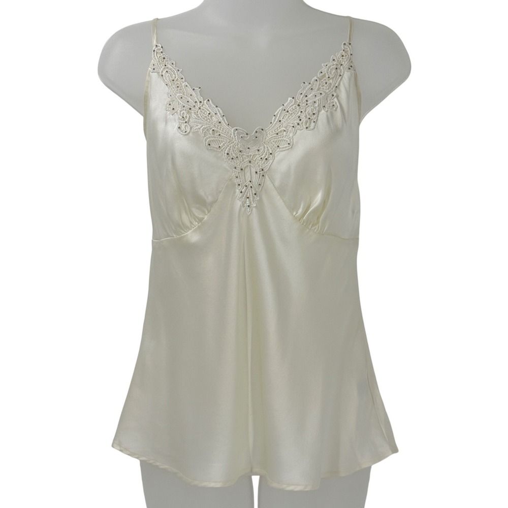 Vtg Y2K 90s 100% Silk Cami Top Womens sz L Fairycore Ethereal Lace beaded Bridal